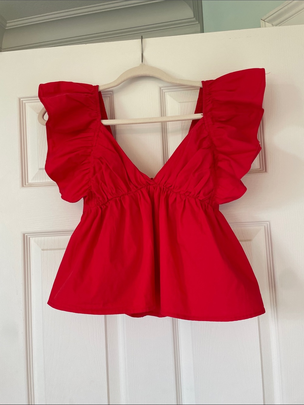 Flutter Sleeve Red V-Neck Peplum Blouse S